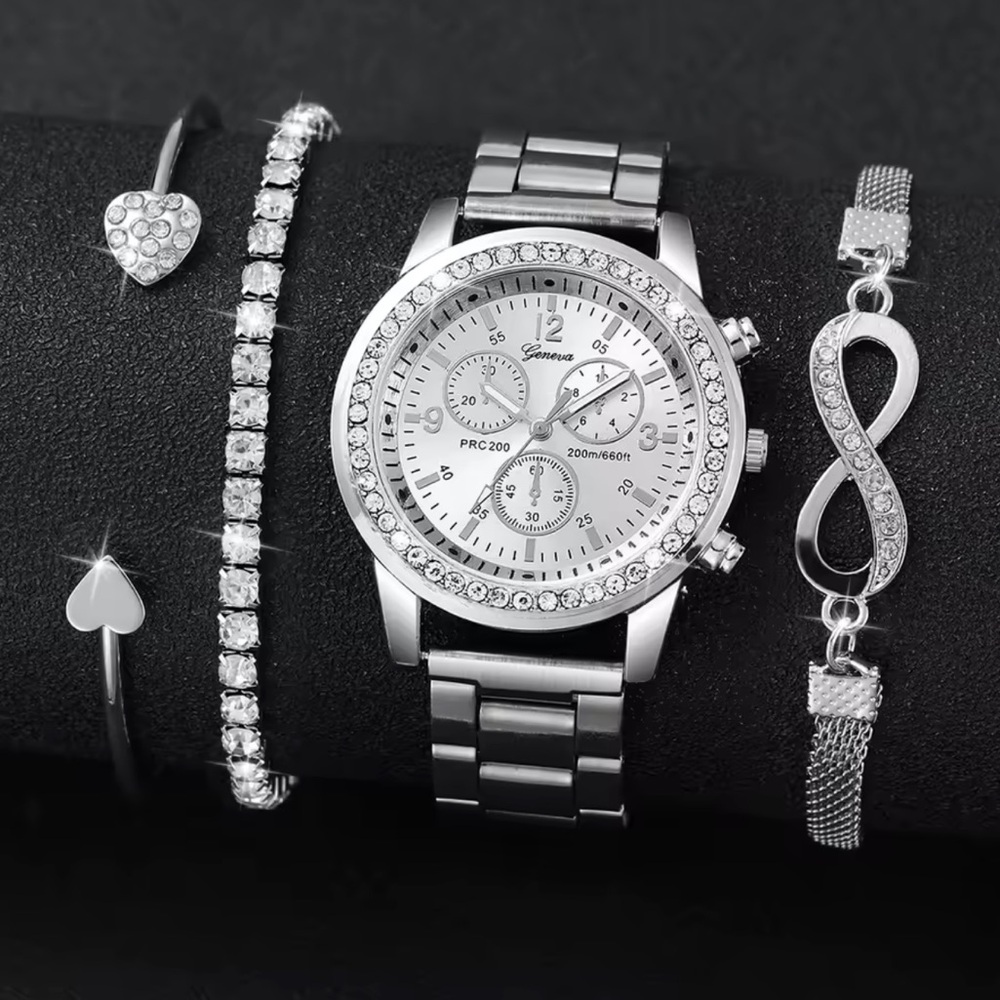 Rhinestone Women’s Watch Set Silver Stainless Steel Quartz Bracelet Set
